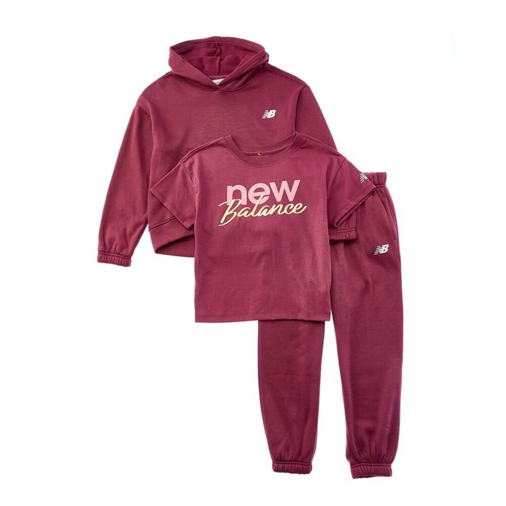 New Balance Girls  3Pc Hoodie, T-Shirt , & Jogger Set, Red